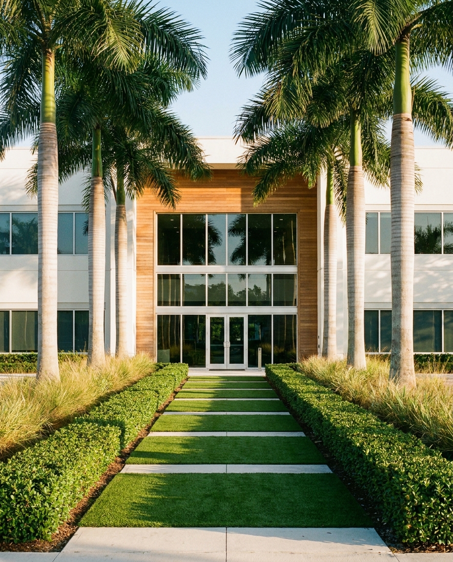 Entrada de edificio comercial moderno en Florida con paisajismo impecable