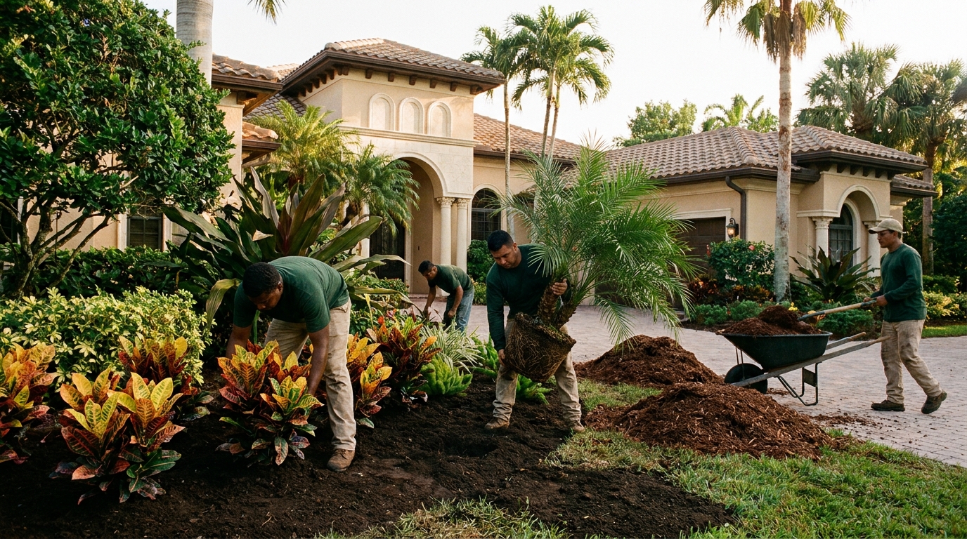 Crew instalando una cama de plantas diseñada con crotos y una palma