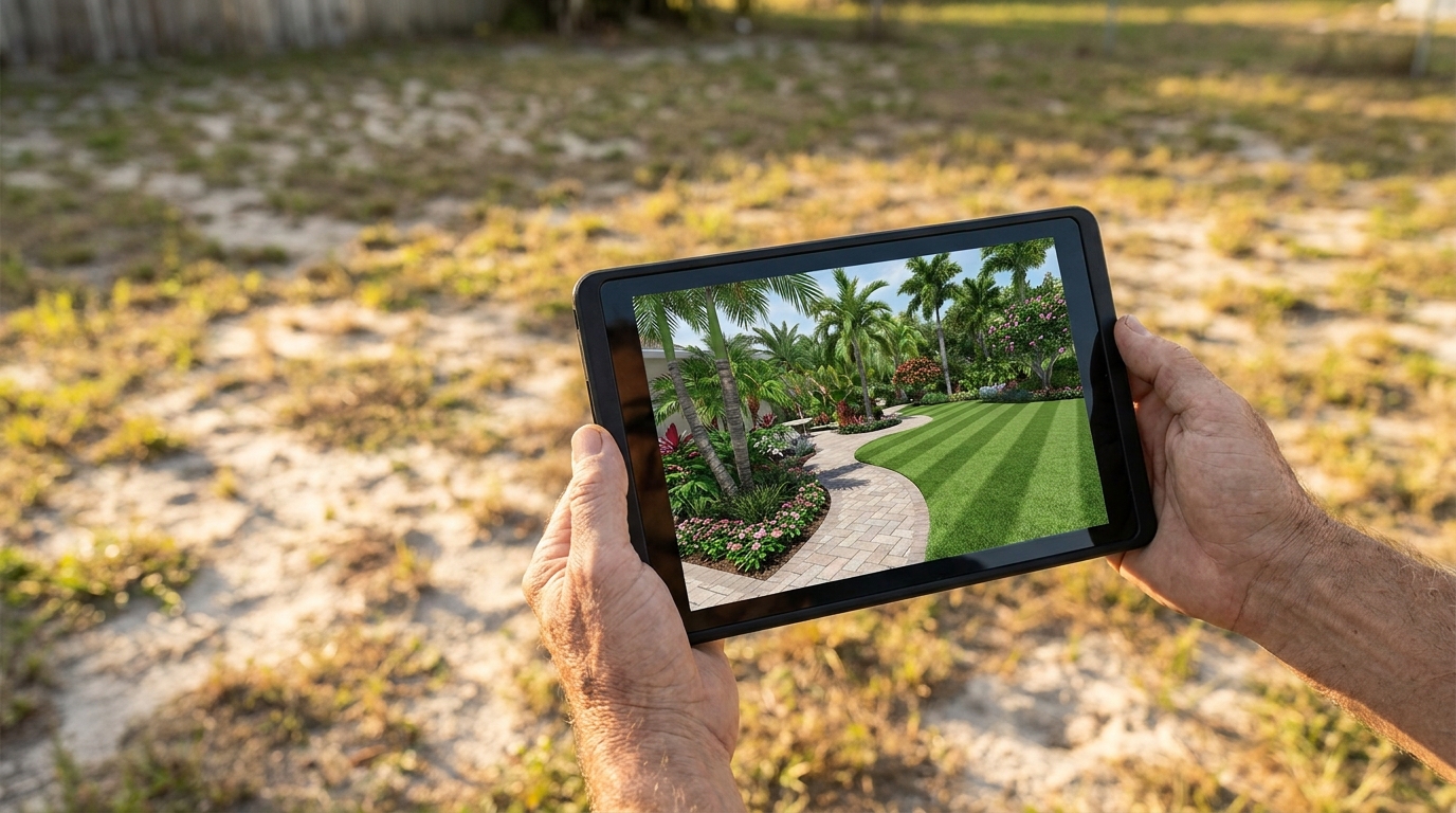 Tableta mostrando un render 3-D del mismo patio que aparece detrás